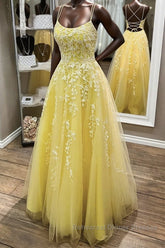 Yellow Lace Backless A Line Long Semi Formal Prom Dresses Open Back Formal Dresses Yellow Evening Dresses